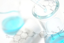 Laboratory beaker with molecular illustration